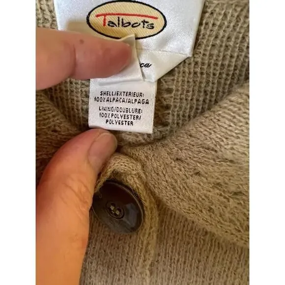 Talbots Vintage Size L Beige 100% Alpaca Knit Long Cardigan Collared Duster